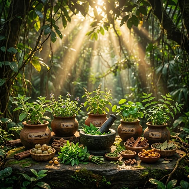 Ancient Ayurvedic herbs in sunlight