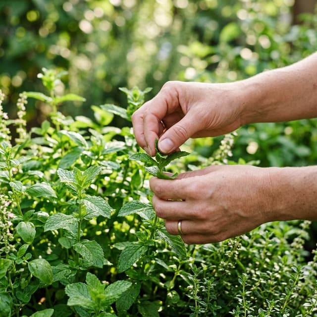 Hands picking fresh herbs